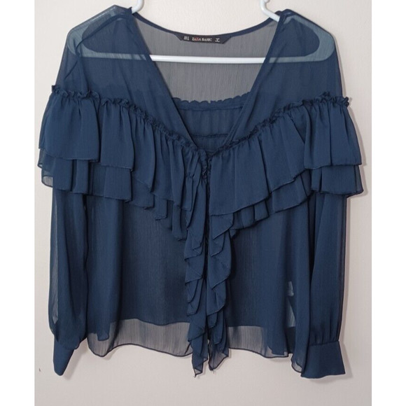 Zara Ruffled Sheer Blouse Black Long Sleeves Size Small NWT - Picture 1 of 10